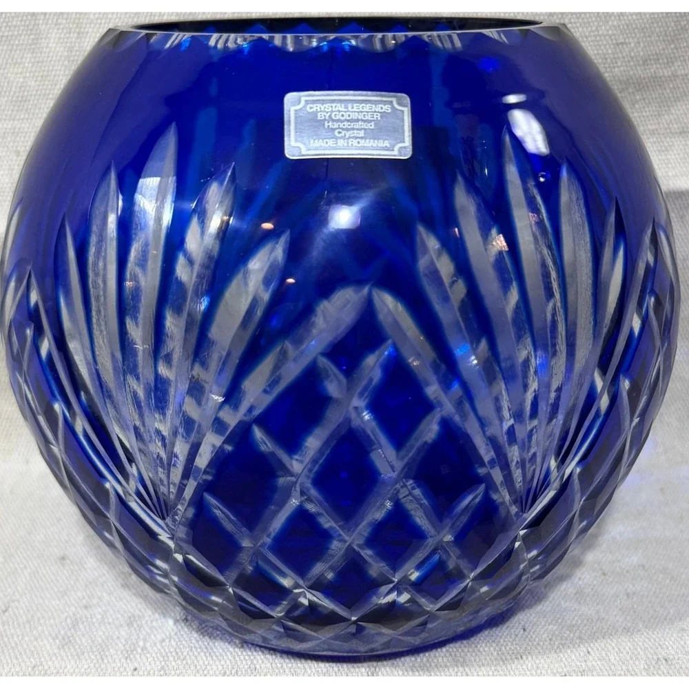Godinger Crystal Legends Cobalt Blue Cut Crystal Rose Bowl Vase Made in Romania